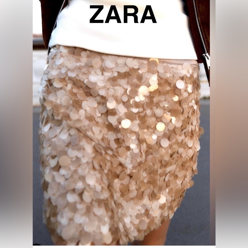 ZARA Neutral Beige Sequin Mini Skirt - Size L - NEW